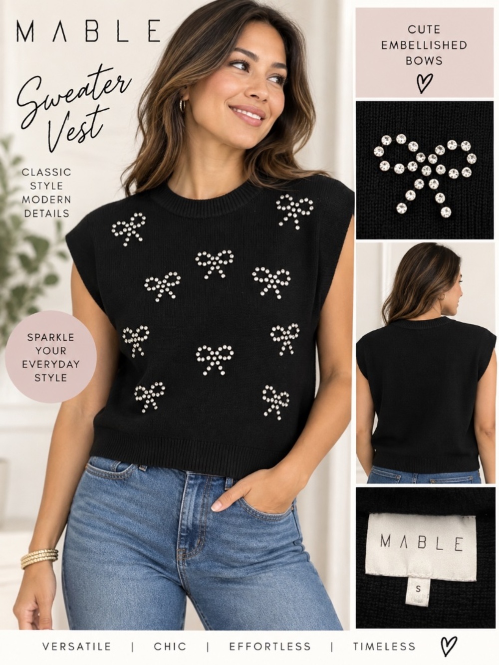 🎀 MABLE Black Rhinestone Bow Sweater Vest – Size Small